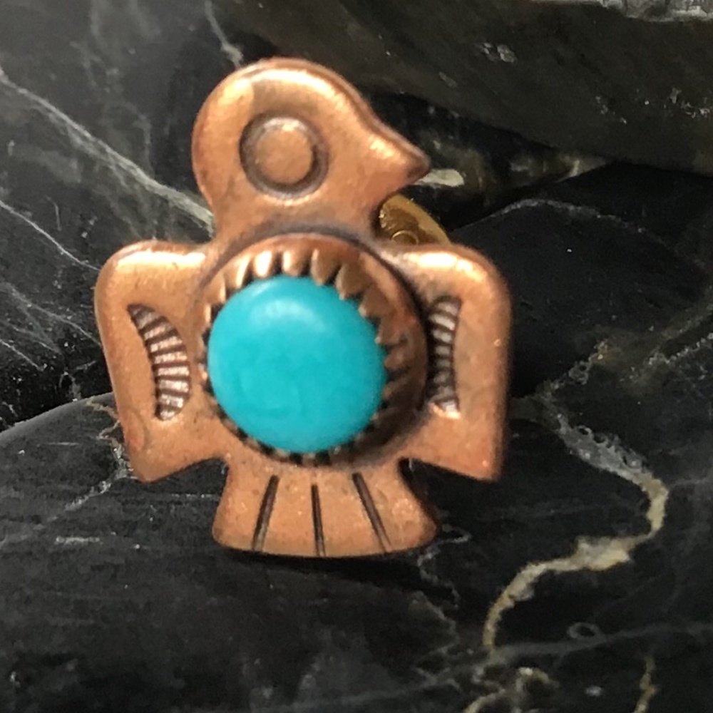 Vintage Copper Turquoise Earrings Thunderbird Southwest Style Pierced - Picture 4 of 12